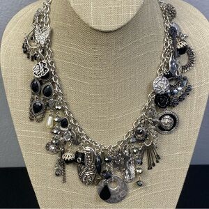 Handmade Upcycled Necklace Junk Charm Charms Silvertone Black Statement 19"-21"